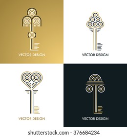 Vector line luxury key design isolated. Monogram symbol. Vintage icon. Elegant retro emblem. Gold and black.