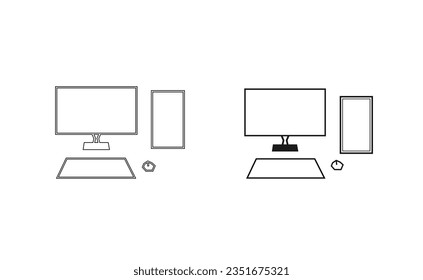 Vector line made desktop computer or pc icon design. Personal computer design in black color for web or post. Monitor, keyboard, mouse design.