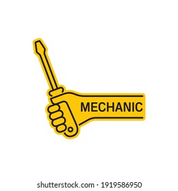 Vector line mechanic symbol, hand holding a screwdriver. Isolated on white background.