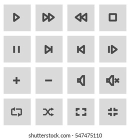 Vector line media player icons set on grey background