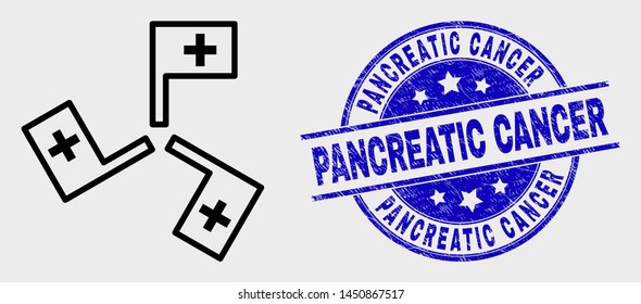 Vector line medical flags icon and Pancreatic Cancer stamp. Blue rounded grunge stamp with Pancreatic Cancer phrase. Black isolated medical flags icon in outline style.