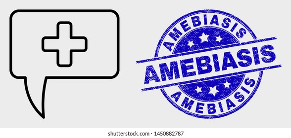 Vector line medical message hint icon and Amebiasis seal stamp. Blue rounded textured seal stamp with Amebiasis message. Black isolated medical message hint icon in line style.