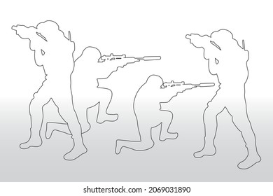 Vector line military silhouettes set