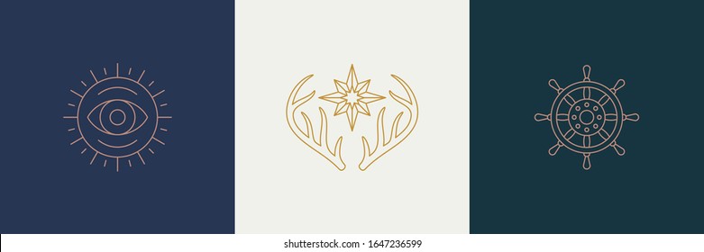 Vector line minimal decoration design elements set - deer horns and steering wheel illustrations simple minimal linear style. Bundle mystical outline graphics for logo emblems and product packaging