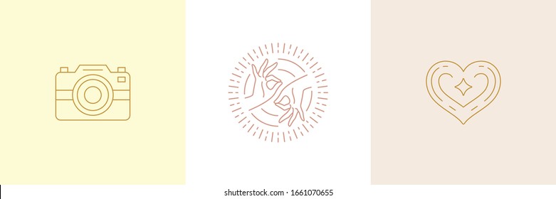 Conjunto de elementos de diseño minimalista de línea vectorial - ilustraciones de las manos de corazón y gesto con un sencillo estilo lineal mínimo. Paquetes gráficos de esquema místico para emblemas de logotipo y embalaje de productos