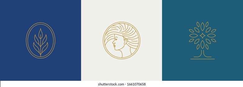 Vector Line Minimal Decoration Design Elements Set - Female Face And Branch Leaves Illustrations Simple Minimal Linear Style. Bundle Mystical Outline Graphics For Logo Emblems And Product Packaging