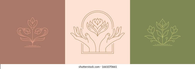 Vector line minimal decoration design elements set - flowers and gesture hands illustrations simple minimal linear style. Bundle mystical outline graphics for logo emblems and product packaging