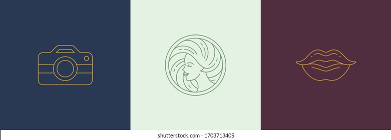 Vector line minimal decoration design elements set - female face and lips illustrations simple minimal linear style. Bundle mystical outline graphics for logo emblems and product packaging