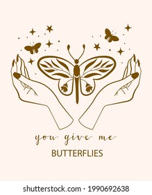 Vector line minimal decoration illustration - butterfly and hands illustrations simple minimalist  style with inspirational quote. Perfect for T-shirt, logo, wall art.