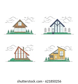 Vector Line Modern House collection with trees, clouds, birds, lake. Landscape design.