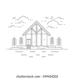Vector line modern house illustration with trees, clouds, birds, lake. Landscape House.