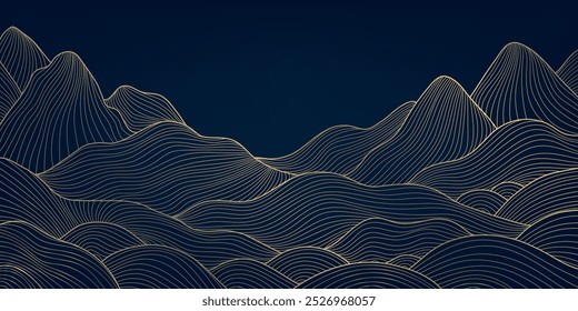 Línea de Vector montañas y fondo de agua, ilustración de naturaleza japonesa. Fondo de pantalla de paisaje asiático de onda curva.
