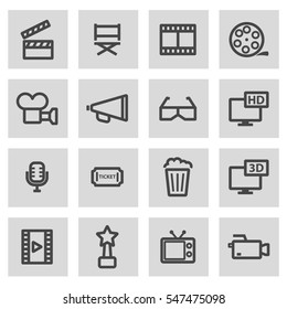 Vector line movie icons set on grey background