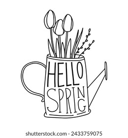 Vector Line Naive illustration of watering can with tulips inside. 
Hello spring - hand drawn lettering. Spring illustration for printing on postcards, covers of diaries and other printed products.