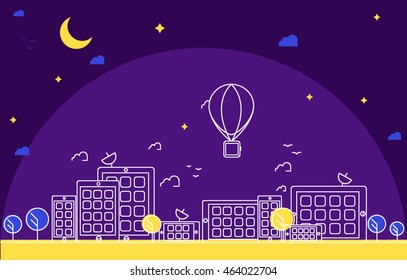 Vector line night city skyline made of phones. Modern illustration. Flat Style, Thin Line Art Design