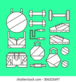 vector line objects items kit instruments sport fitness essentials supplies icons dumbbell sneakers ball health care