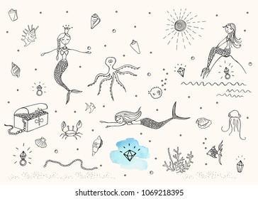 Vector line objects set. Mermaids and underwater life.