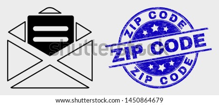 Vector line open mail pictogram and Zip Code seal stamp. Blue round textured seal stamp with Zip Code caption. Black isolated open mail icon in line style.