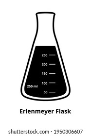 Vector line or outline black and white icon of filled conical narrow neck Erlenmeyer flask 250 ml from borosilicate glass isolated on a white background. Medical or chemical laboratory glassware.