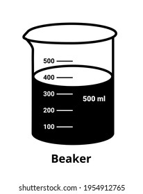 Línea vectorial o contorno icono blanco y negro de un vaso químico lleno de líquido - disolvente o productos químicos, aislado sobre un fondo blanco. Vidrio de laboratorio completo, volumen de 500 ml con escala.