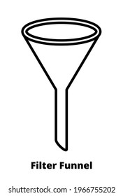 Línea vectorial o contorno icono blanco y negro del embudo de filtro plano de laboratorio con trazo aislado sobre un fondo blanco. Embudo con embudo triangular en forma de cono de cuello corto. Vasos de laboratorio.