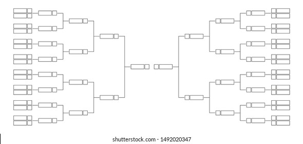 Vector Line Or Outline Championship Single Elimination Tournament Bracket Or Tree Diagram Isolated On White. Fields For 32 Players Or Teams, 16 From Each Side. It Is Suitable For All Kinds Of Sports.