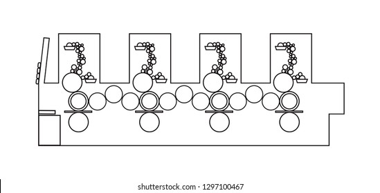 Vector line or outline icon of a printing machine – offset printing press from inside with cylinders and detail of printing unit. Scheme is isolated on a white background.