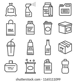 Vector line package icons set. Bag, bottle, spray, gallon and more