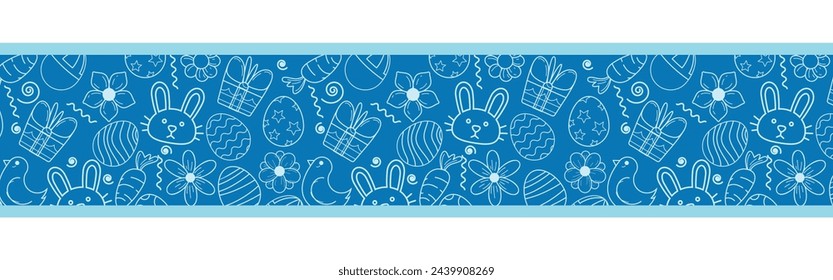 Vector line from a pattern dedicated to Easter, hand drawn with light lines on a bright blue background. Vector illustration isolated on white background. Add a unique touch to your Easter.