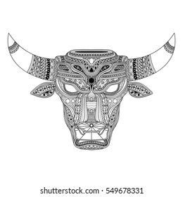 vector line patterned Bull head. abstract art, native art on bull head. black and white color on isolated white background.