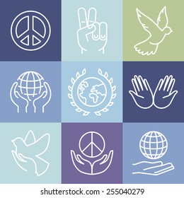 Vector line peace signs and logos - outline design elements for peacemaking and charity organizations