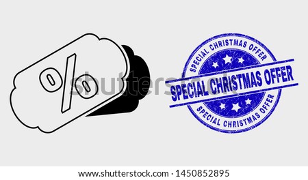 Vector line percent tags pictogram and Special Christmas Offer seal stamp. Blue round distress seal stamp with Special Christmas Offer caption. Black isolated percent tags symbol in line style.