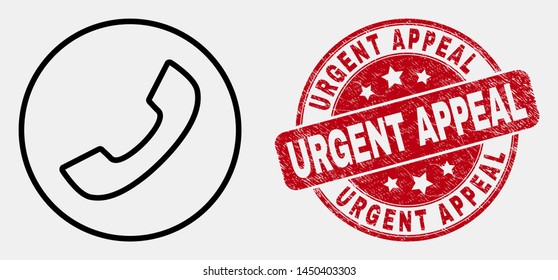 Vector line phone call icon and Urgent Appeal stamp. Blue rounded scratched seal stamp with Urgent Appeal phrase. Black isolated phone call icon in line style.