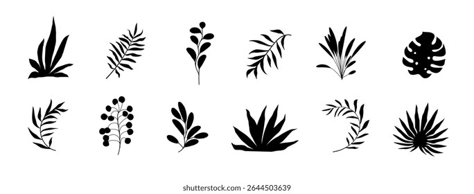 Vector line plants and leaves. Floral outline set. Simple hand-drawn flower and branch silhouette icon set. Bohemian sketch doodle botanicals bg. Elegant minimal feminine twigs for logo, emblem. EPS10
