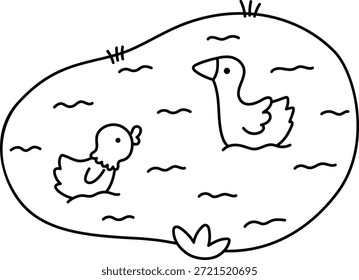 Estanque de la línea del Vector con el icono del ganso y del pato. Lindos pájaros de agua en un Pequeño Clipart lacustre. Naturaleza en blanco y negro ilustración o página para colorear para niños aislados sobre fondo blanco
