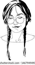 Vector line portrait of an young girl with braids and glasses. Graphic illustration.