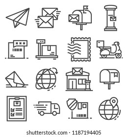 Vector line post service icons set. Postal stamp, scale, express delivery, post office, tracking number and more