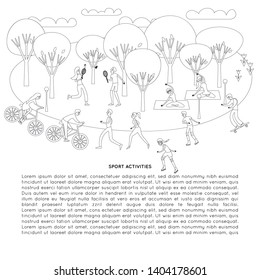 
Vector line poster: people in the park. Sports games in nature, active leisure: 
running, roller skates, yoga, badminton, bike.
