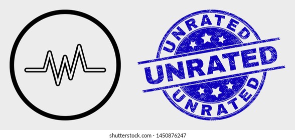 Vector line pulse signal icon and Unrated seal. Blue round scratched seal with Unrated caption. Black isolated pulse signal icon in contour style.
