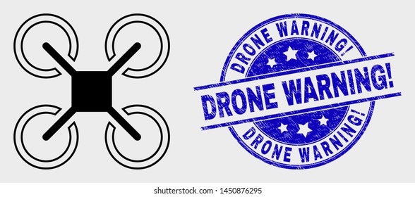 Vector line quadcopter icon and Drone Warning! seal stamp. Blue rounded scratched seal stamp with Drone Warning! title. Black isolated quadcopter icon in line style.