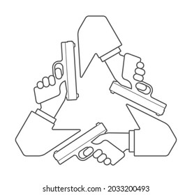 Triángulo de reciclado de línea de vectores. Símbolo de las manos con una pistola. Aislado sobre fondo blanco.