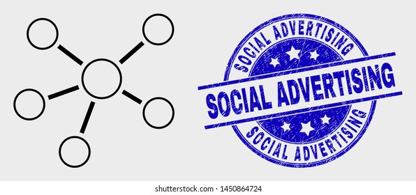 Vector line relations icon and Social Advertising watermark. Blue rounded grunge watermark with Social Advertising caption. Black isolated relations icon in line style.