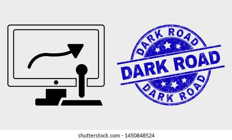 Vector line remote control display icon and Dark Road seal stamp. Blue rounded textured seal stamp with Dark Road message. Black isolated remote control display symbol in stroke style.