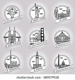 vector line rio de janeiro, new york, lima, sao paulo, san francisco, mexico city, toronto, miami, washington d.c. city badge set collection