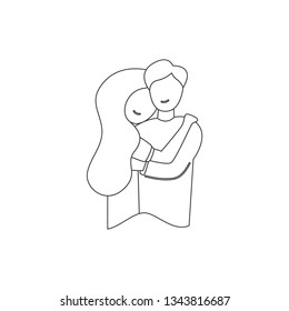 Vector line romantic relationship guy hugging his wife girl experiencing affectionate affection feelings of caring for a romantic relationship.
