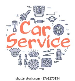 Banner redondo de línea de vector con servicio de automóvil de texto