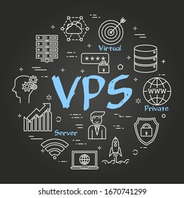 Vector line round concept of VPS. Thin outline icons of internet server, database and cloud safe information storage. Modern web banner on black board background