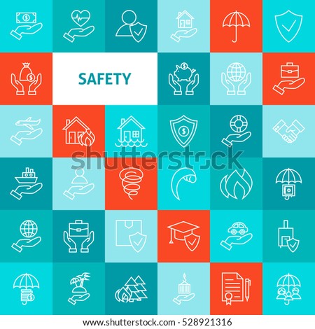 Vector Line Safety Icons Set. Thin Outline Business Items over Colorful Squares.