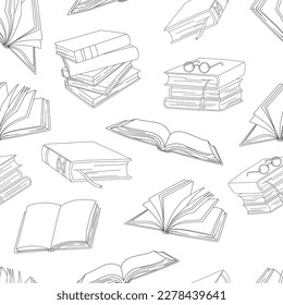Patrón sin fisuras de la línea del vector. Libros con marcador, libro abierto sobre blanco