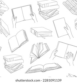 Vector line seamless pattern. Books with bookmark, open book on white